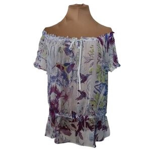 AB Studio Humingbird Print Chiffon Sheer Off The Shoulder Blouse‎ Medium